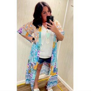 Mixed print teal kimono